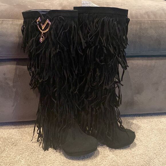Women’s Black Fringed Tassel Faux Suede HighHeel KneeHigh Boot Size 41 (10.5 US) - Picture 11 of 14